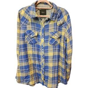 RAILS Women's Large Blue Yellow Striped Plaid Light Cotton Gauze Shirt EUC